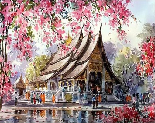 Cherry Blossom Temple Paint By Numbers