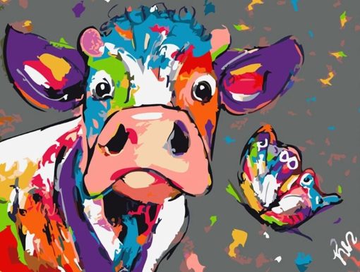 Colorful Cow With Butterfly Paint By Numbers