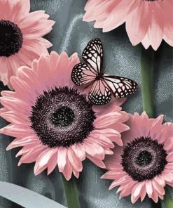 Pink Sunflowers And Butterfly Paint By Number