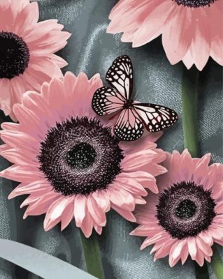 Pink Sunflowers And Butterfly Paint By Number