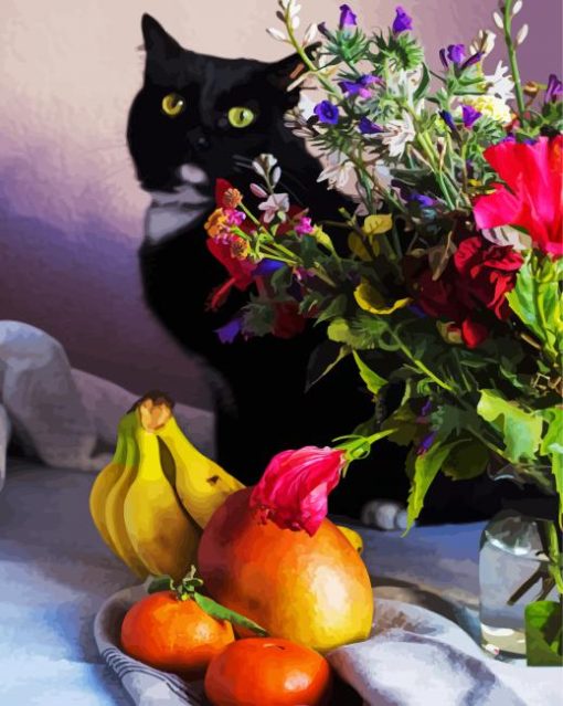 Black Cats And Flowers With Fruits Paint By Number