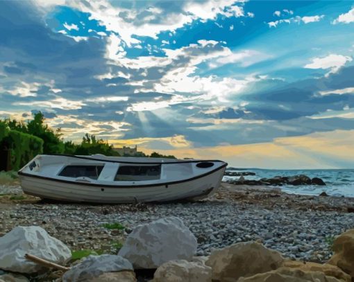 Rocky Beach With Row Boat Paint By Numbers