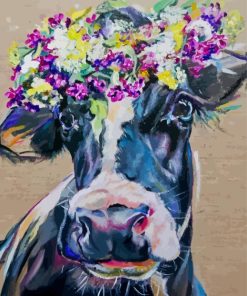 Black And White Cow Wearing Flower Crown Paint By Numbers