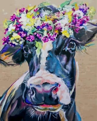 Black And White Cow Wearing Flower Crown Paint By Numbers