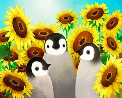 Penguin With Sunflowers Paint By Numbers