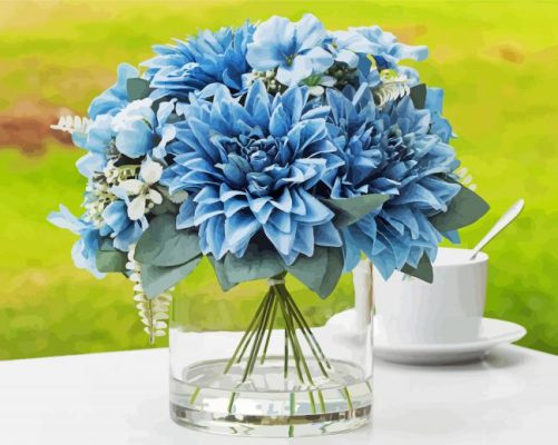 Blue Dahlia In Glass Vase Paint By Numbers