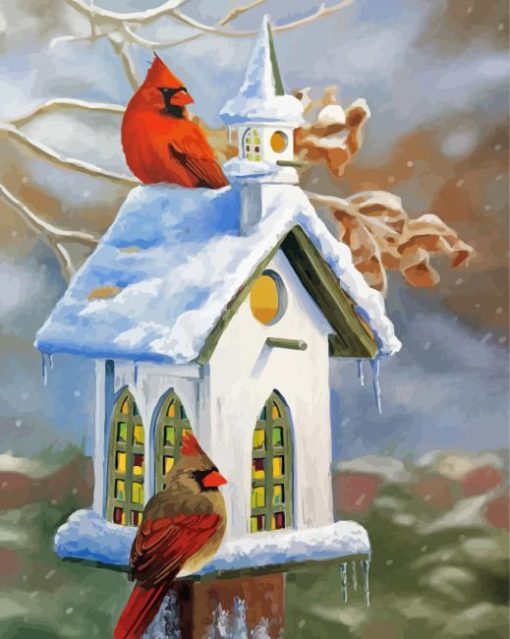 Cool Birdhouse And Cardinals Paint By Numbers