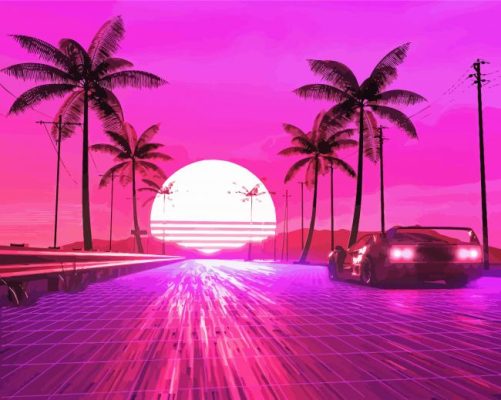 Retro Palm Trees With Car At Sunset Paint By Numbers