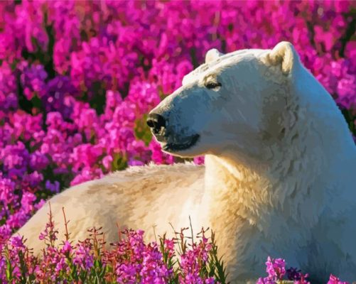 White Bear In Flowers Field Paint By Numbers