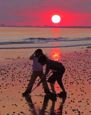 Beach Sunset With Children Silhouette Paint By Numbers