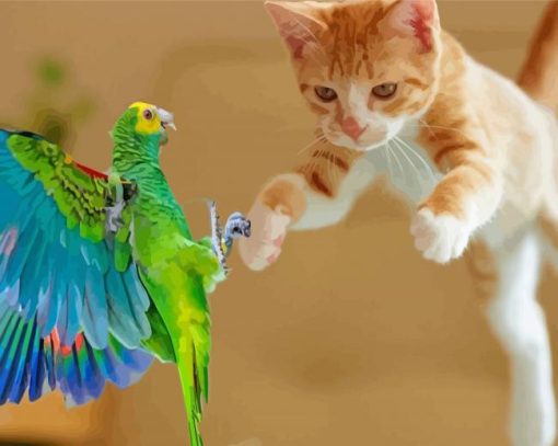 Cat Parrot Playing Paint By Numbers