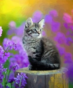 Kitten With Purple Flowers Paint By Numbers