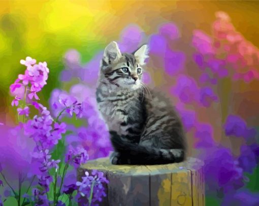 Kitten With Purple Flowers Paint By Numbers