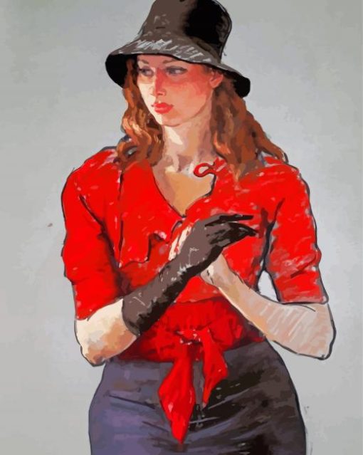 Lady In Red With Black Hat Paint By Numbers