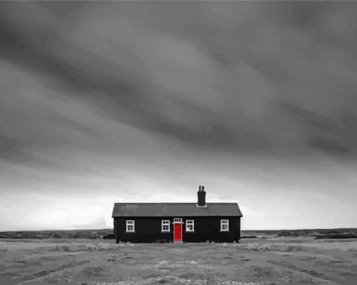 Monochrome Isolated House With Red Door Paint By Numbers