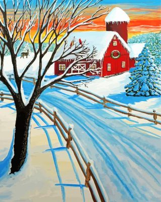 Red Barn In Winter Paint By Numbers