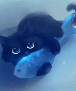 Cute Black Kitten And Fish Paint By Numbers