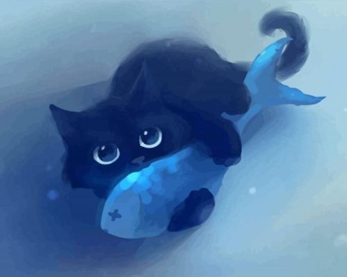 Cute Black Kitten And Fish Paint By Numbers