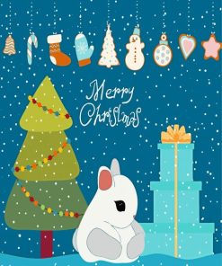 Cute Christmas Bunny At The Christmas Tree With Gifts Paint By Numbers