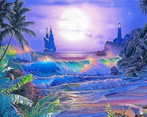 Ship And Lighthouse Night Scene Paint By Numbers