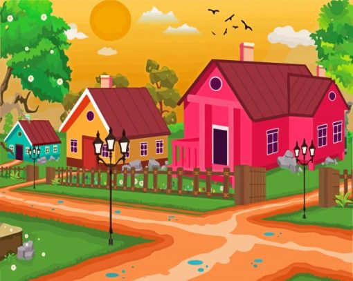 Spring Cartoon Village Paint By Numbers