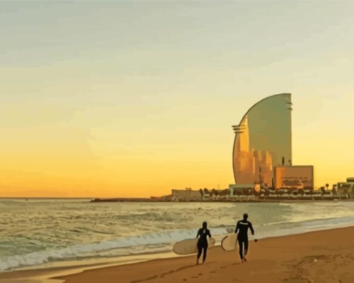 Surfers At Barcelona Beach Paint By Numbers