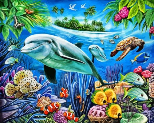 Turtle And Dolphins Underwater Paint By Numbers