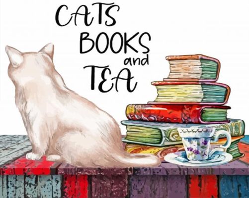 Vintage Books With Tea Cup And Cat Paint By Numbers