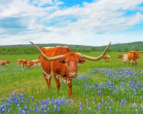 Aesthetic Bluebonnets And Longhorn Paint By Numbers