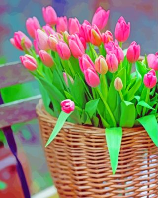 Pink Basket Of Tulip Paint By Numbers