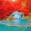 Waterfall Lake In Red Forest Paint By Numbers