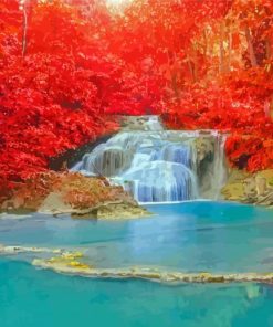 Waterfall Lake In Red Forest Paint By Numbers