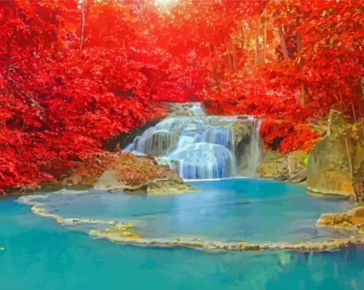 Waterfall Lake In Red Forest Paint By Numbers