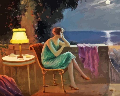 Young Woman By Terrace By The Sea Paint By Numbers