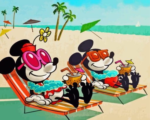 Cartoon Mickey And Minnie At The Beach Paint By Numbers