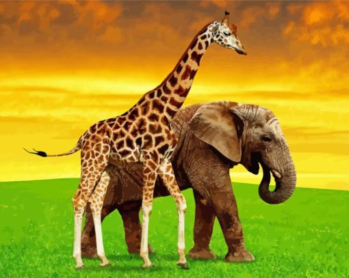 Elephant And Giraffe At Sunset Paint By Numbers