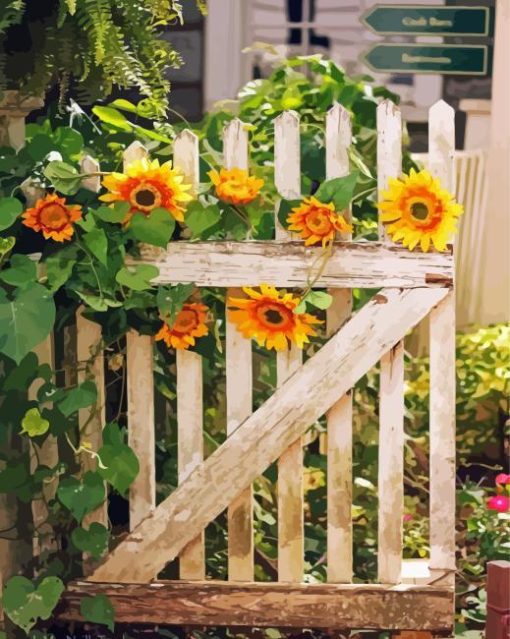 Garden Gate Sunflowers Paint By Numbers