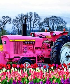 Pink Tractor In Flowers Field Paint By Numbers