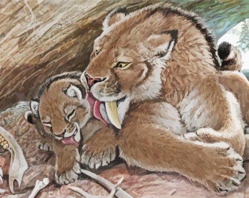 Saber Toothed Cat With Baby Paint By Numbers