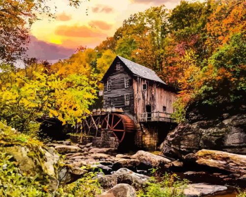 Watermill In Autumn Paint By Numbers