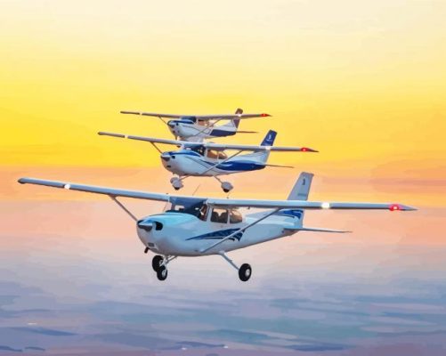 White And Blue Cessna 182 Airplanes At Sunset Paint By Numbers