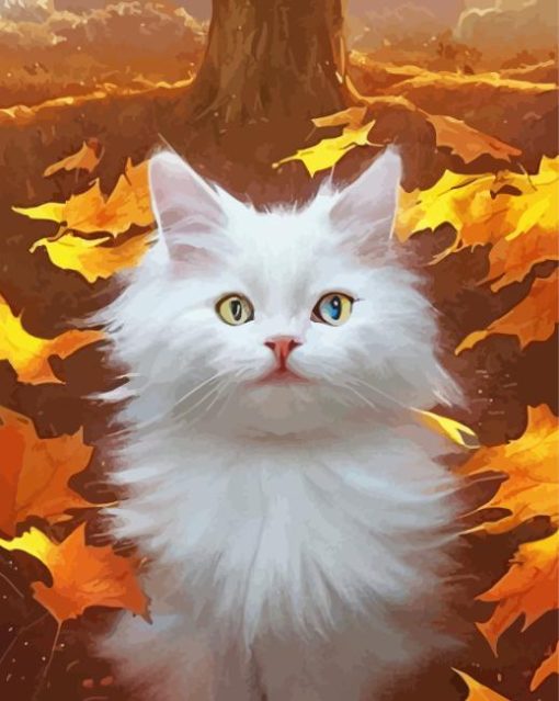 White Cat In Fall Paint By Numbers