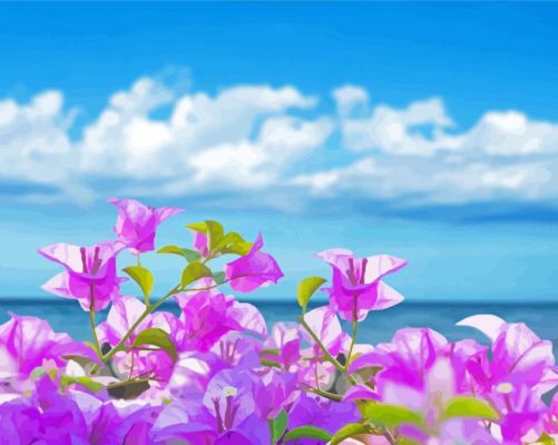 Purple Flowers With Seascape Paint By Numbers