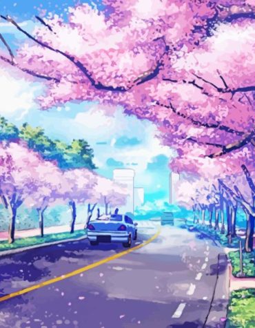 Anime Pink Trees Paint By Numbers