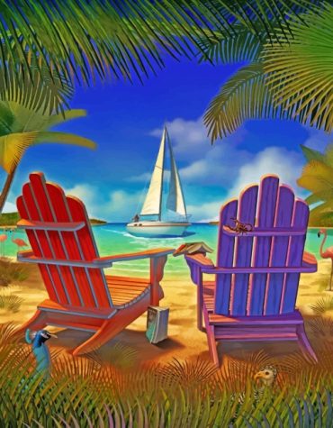 Beach Chairs and Sailboats Paint By Numbers