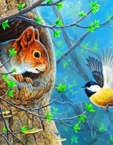 Bird and Squirrel Nature Scene Paint By Numbers
