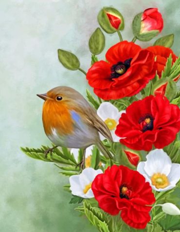 Breathtaking Birds on Red Poppies Paint By Numbers