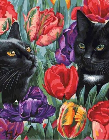 Black Cats and Tulips Paint By Numbers