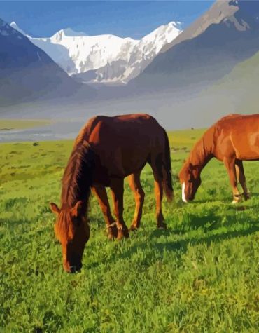 Brown Mare Horses in Snowy Mountains Paint By Numbers
