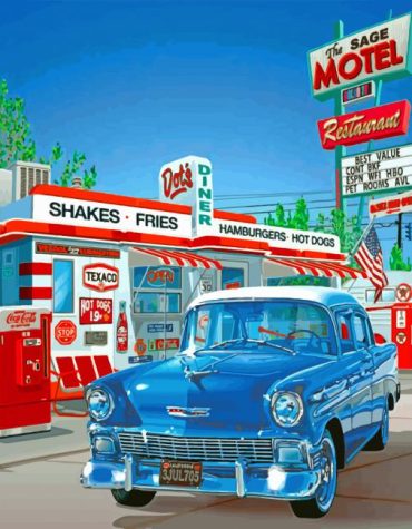 Blue Car Gas Station Paint By Numbers